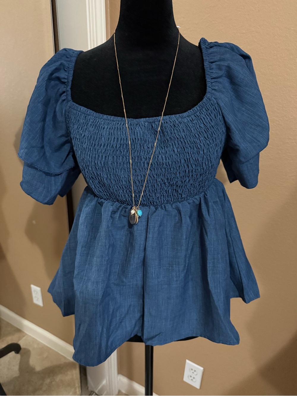 SHEIN Navy Smocked Square-Neck Puff Sleeve Blouse